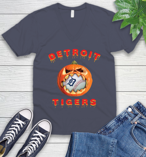 MLB Detroit Tigers Halloween Pumpkin Baseball Sports V-Neck T-Shirt 9