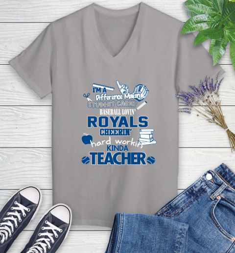 Kansas City Royals MLB I'm A Difference Making Student Caring Baseball Loving Kinda Teacher Women's V-Neck T-Shirt 4