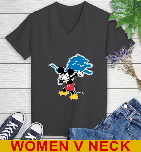 Detroit Lions NFL Football Dabbing Mickey Disney Sports Women's V-Neck T-Shirt 9