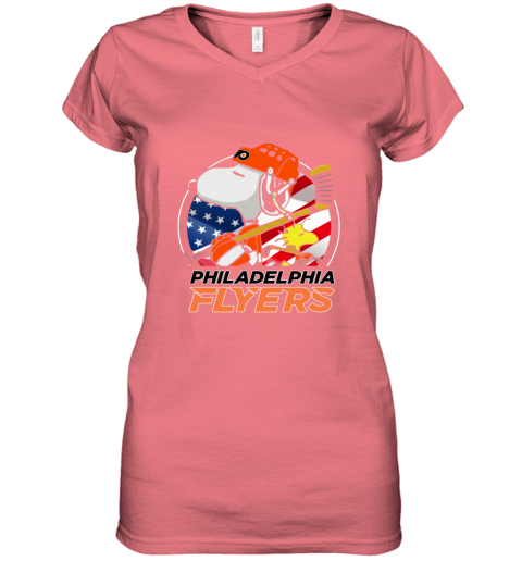 tdse philadelphia flyers snoopy and woodstock nhl women v neck t shirt 39 front coral