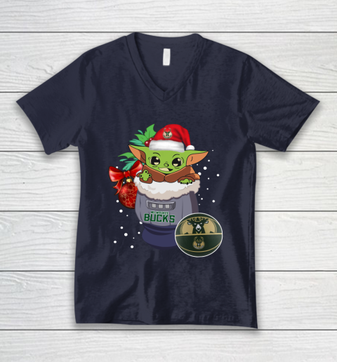 Milwaukee Bucks Christmas Baby Yoda Star Wars Funny Happy NBA V-Neck T-Shirt 3
