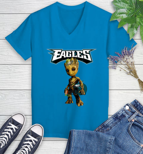 Philadelphia Eagles NFL Football Groot Marvel Guardians Of The Galaxy Women's V-Neck T-Shirt 7