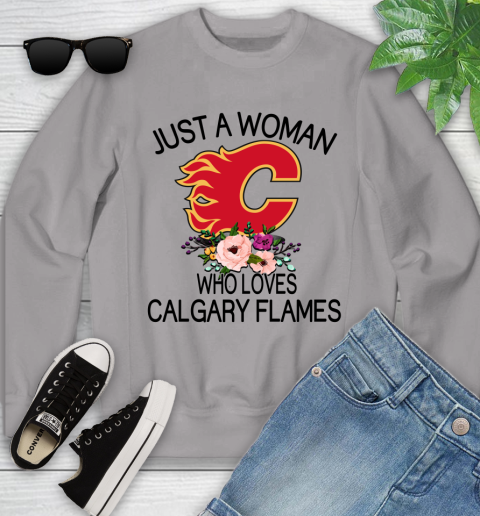 NHL Just A Woman Who Loves Calgary Flames Hockey Sports Youth Sweatshirt 2