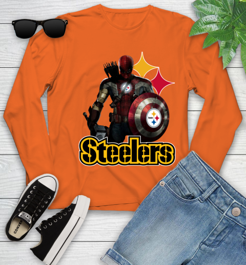 NFL Captain America Thor Spider Man Hawkeye Avengers Endgame Football Pittsburgh Steelers Youth Long Sleeve 4