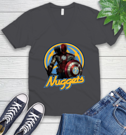 Denver Nuggets NBA Basketball Captain America Thor Spider Man Hawkeye Avengers V-Neck T-Shirt 5