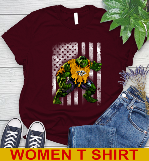 Nashville Predators Hulk Marvel Avengers NHL Hockey American Flag Women's T-Shirt 6