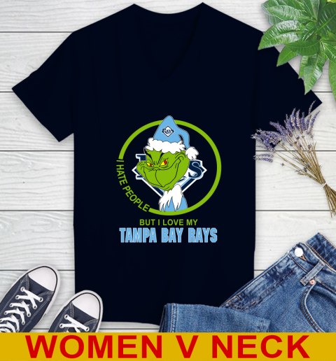 Tampa Bay Rays MLB Christmas Grinch I Hate People But I Love My Favorite Baseball Team Women's V-Neck T-Shirt 3