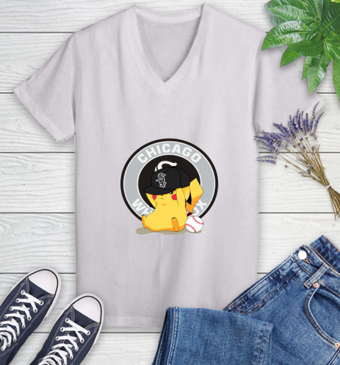 MLB Pikachu Baseball Sports Chicago White Sox Women's V-Neck T-Shirt