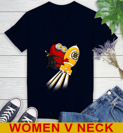 NHL Hockey Boston Bruins Deadpool Minion Marvel Shirt Women's V-Neck T-Shirt 2