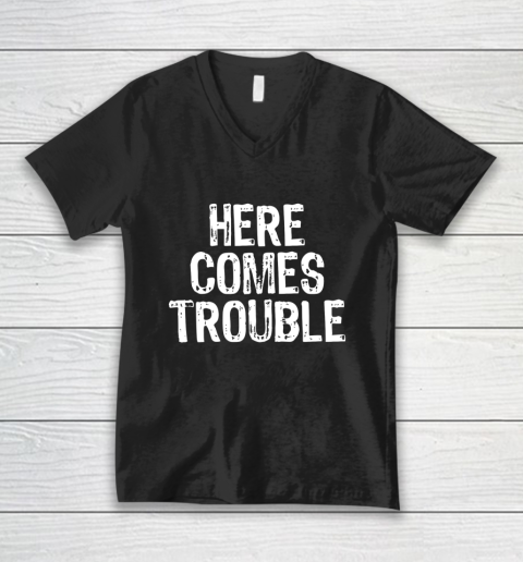 Here Comes Trouble Funny Christmas V-Neck T-Shirt