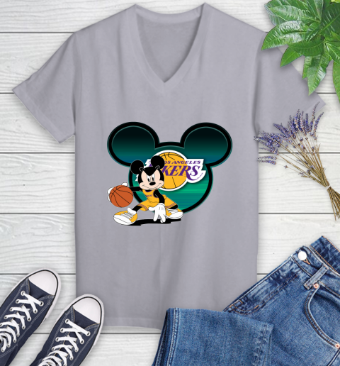 NBA Los Angeles Lakers Mickey Mouse Disney Basketball Women's V-Neck T-Shirt 5 NBA Los Angeles Lakers Mickey Mouse Disney Basketball Women's V-Neck T-Shirt - Image 5
