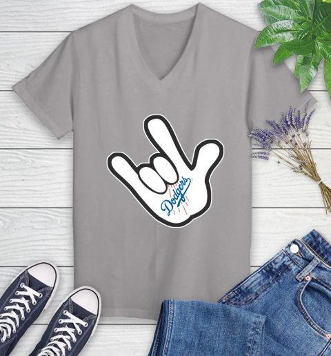 Los Angeles Dodgers MLB Baseball Mickey Rock Hand Disney Women's V-Neck T-Shirt 4