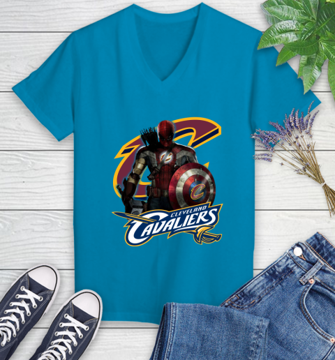 Cleveland Cavaliers NBA Basketball Captain America Thor Spider Man Hawkeye Avengers Women's V-Neck T-Shirt 7