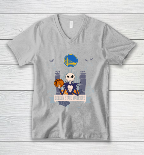 NBA Golden State Warriors Basketball Jack Skellington Halloween V-Neck T-Shirt 3