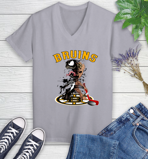 NHL Boston Bruins Hockey Venom Groot Guardians Of The Galaxy Women's V-Neck T-Shirt 4