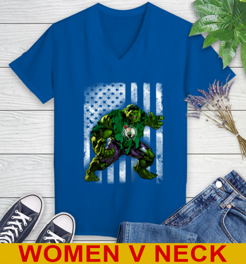 Boston Celtics Hulk Marvel Avengers NBA Basketball American Flag Women's V-Neck T-Shirt 9