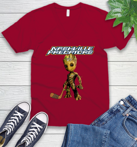 Nashville Predators NHL Hockey Groot Marvel Guardians Of The Galaxy V-Neck T-Shirt 8