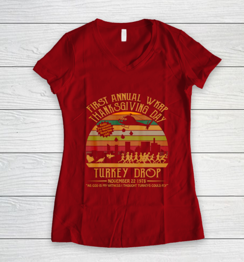 WKRP Thanksgiving Day Turkey Drop Women's V-Neck T-Shirt 8
