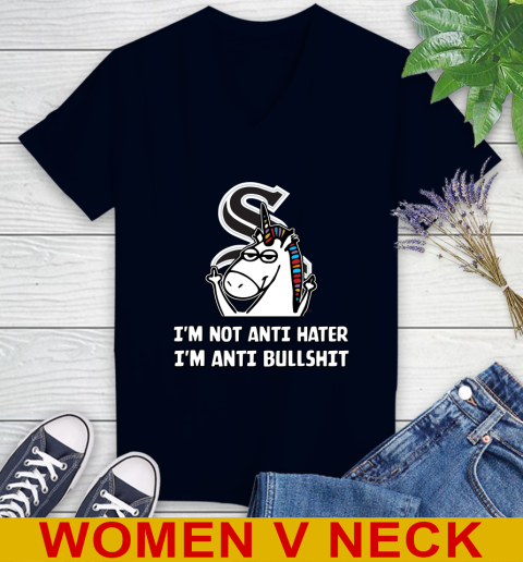 Chicago White Sox MLB Baseball Unicorn I'm Not Anti Hater I'm Anti Bullshit Women's V-Neck T-Shirt 3