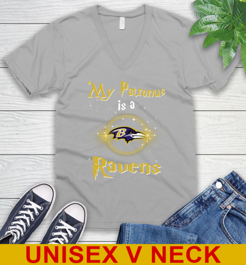 NFL Football Harry Potter My Patronus Is A Baltimore Ravens V-Neck T-Shirt 3