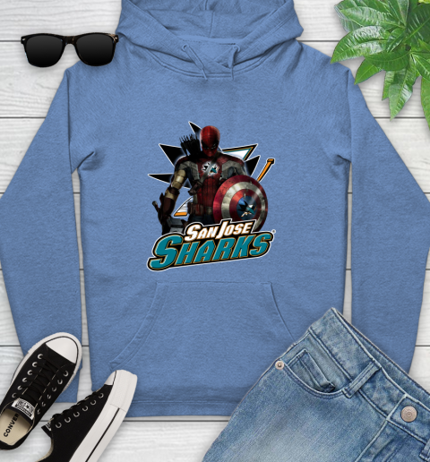 NHL Captain America Thor Spider Man Hawkeye Avengers Endgame Hockey San Jose Sharks Youth Hoodie 12