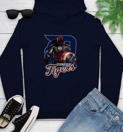 MLB Captain America Thor Spider Man Hawkeye Avengers Endgame Baseball Detroit Tigers Youth Hoodie 4