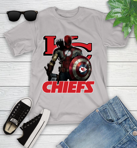 NFL Captain America Thor Spider Man Hawkeye Avengers Endgame Football Kansas City Chiefs Youth T-Shirt 12