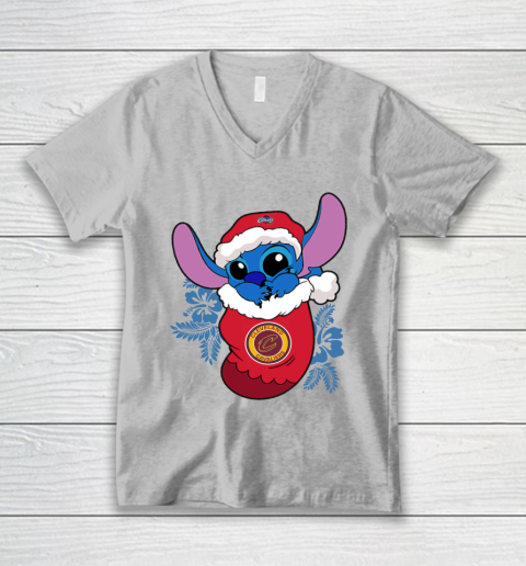 Cleveland Cavaliers Christmas Stitch In The Sock Funny Disney NBA V-Neck T-Shirt 4