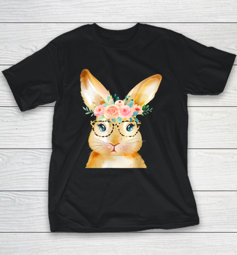 Cute Bunny Leopard Sunglasses Flowers Easter Day Youth T-Shirt
