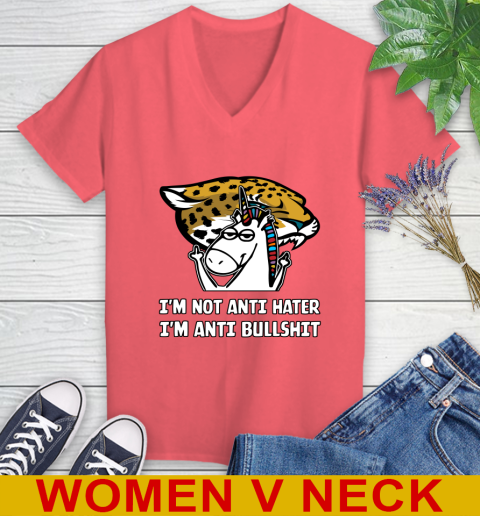Jacksonville Jaguars NFL Football Unicorn I'm Not Anti Hater I'm Anti Bullshit Women's V-Neck T-Shirt 7