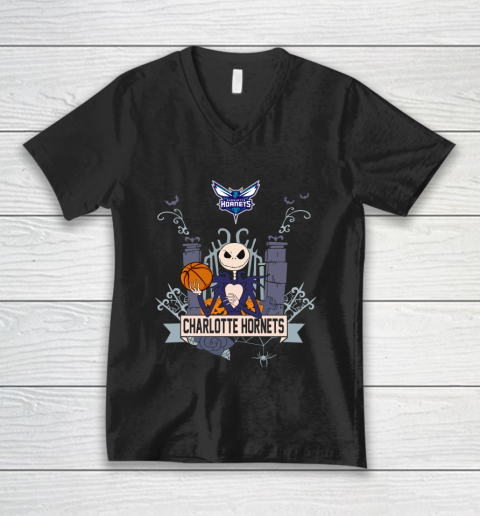 NBA Charlotte Hornets Basketball Jack Skellington Halloween V-Neck T-Shirt