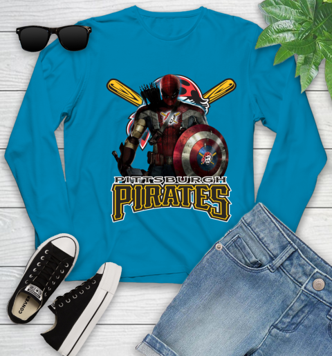 MLB Captain America Thor Spider Man Hawkeye Avengers Endgame Baseball Pittsburgh Pirates Youth Long Sleeve 7