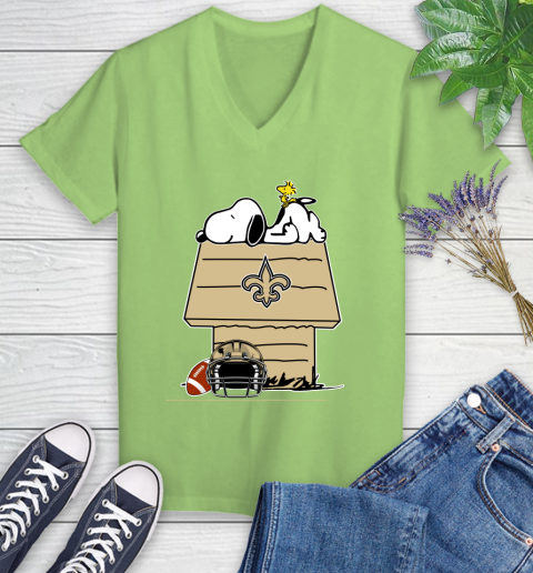 New Orleans Saints NFL Football Snoopy Woodstock The Peanuts Movie Women's V-Neck T-Shirt 11