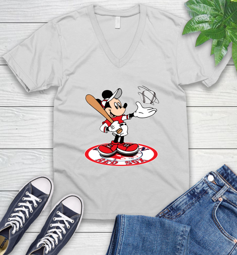 MLB Baseball Boston Red Sox Cheerful Mickey Disney Shirt V-Neck T-Shirt 2