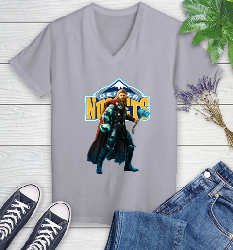 NBA Thor Avengers Endgame Basketball Denver Nuggets Women's V-Neck T-Shirt 4