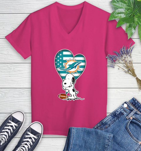 Miami Dolphins NFL Football The Peanuts Movie Adorable Snoopy Women's V-Neck T-Shirt 9