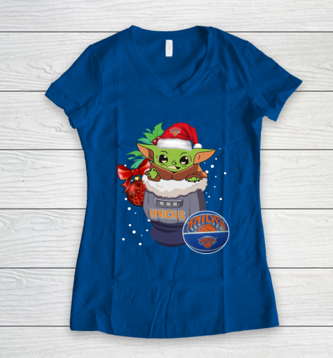 New York Knicks Christmas Baby Yoda Star Wars Funny Happy NBA Women's V-Neck T-Shirt 9