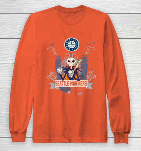 MLB Seattle Mariners Baseball Jack Skellington Halloween Long Sleeve T-Shirt 3