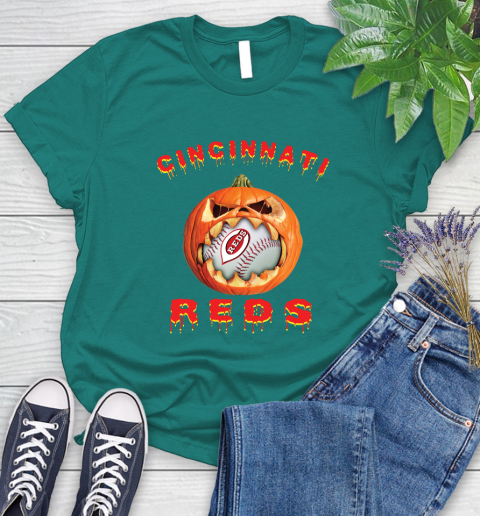 MLB Cincinnati Reds Halloween Pumpkin Baseball Sports Women's T-Shirt 12