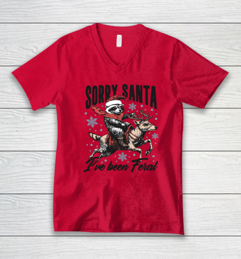 Vintage Sorry Santa I've Been Feral Raccoon Riding Horse Christmas V-Neck T-Shirt 3