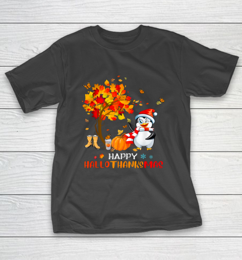 Penguin Halloween And Merry Christmas Happy Hallothanksmas Funny T-Shirt