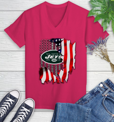 New York Jets NFL Football American Flag Women's V-Neck T-Shirt 9