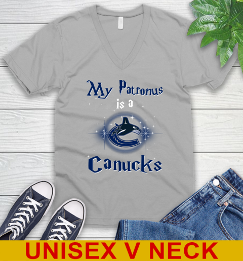 NHL Hockey Harry Potter My Patronus Is A Vancouver Canucks V-Neck T-Shirt 3