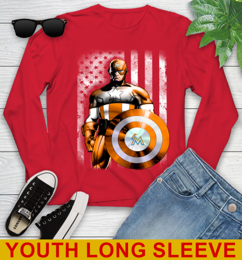 Miami Marlins MLB Baseball Captain America Marvel Avengers American Flag Shirt Youth Long Sleeve 11