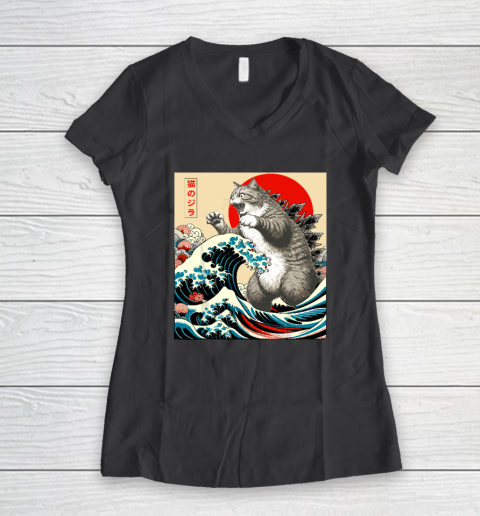 Catzilla Cat Japanese Art Funny Cat Women's V-Neck T-Shirt 4
