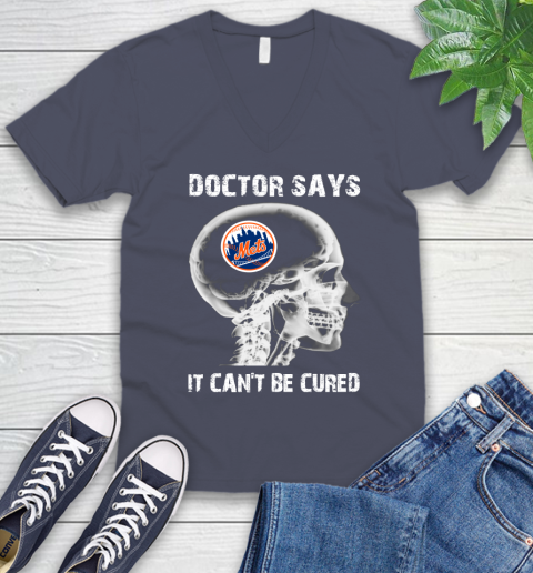 MLB New York Mets Baseball Skull It Can't Be Cured Shirt V-Neck T-Shirt 7