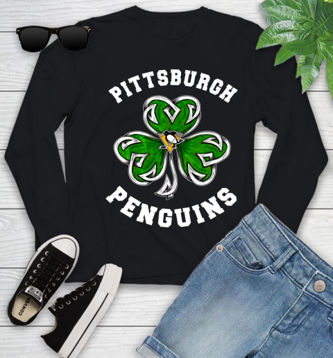 NHL Pittsburgh Penguins Three Leaf Clover St Patrick's Day Hockey Sports Youth Long Sleeve