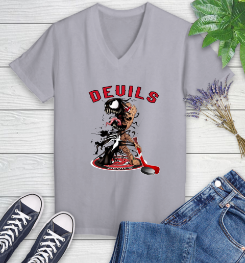 NHL New Jersey Devils Hockey Venom Groot Guardians Of The Galaxy Women's V-Neck T-Shirt 4