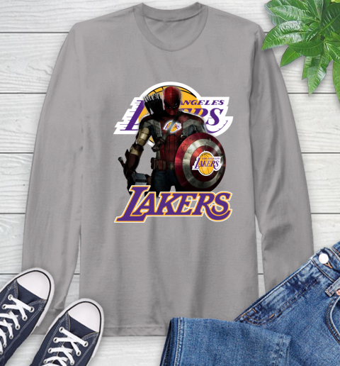 Los Angeles Lakers NBA Basketball Captain America Thor Spider Man Hawkeye Avengers Long Sleeve T-Shirt 6