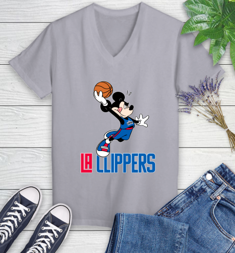 NBA Basketball LA Clippers Cheerful Mickey Mouse Shirt Women's V-Neck T-Shirt 4